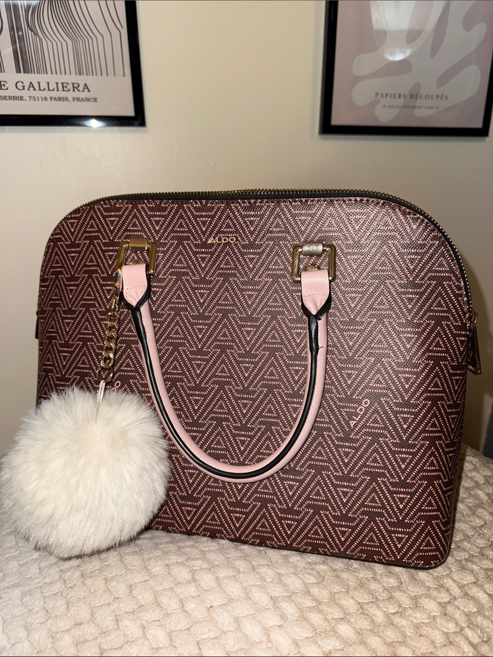 ALDO Brown Patterned Dome Satchel with Pink Trim and Faux-Fur Charm
